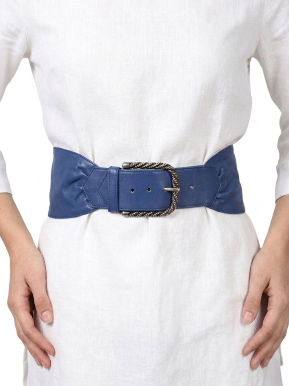 Vintage Wide Blue Leather Cinch Belt Corset Waist Twisted Antique Silver Buckle